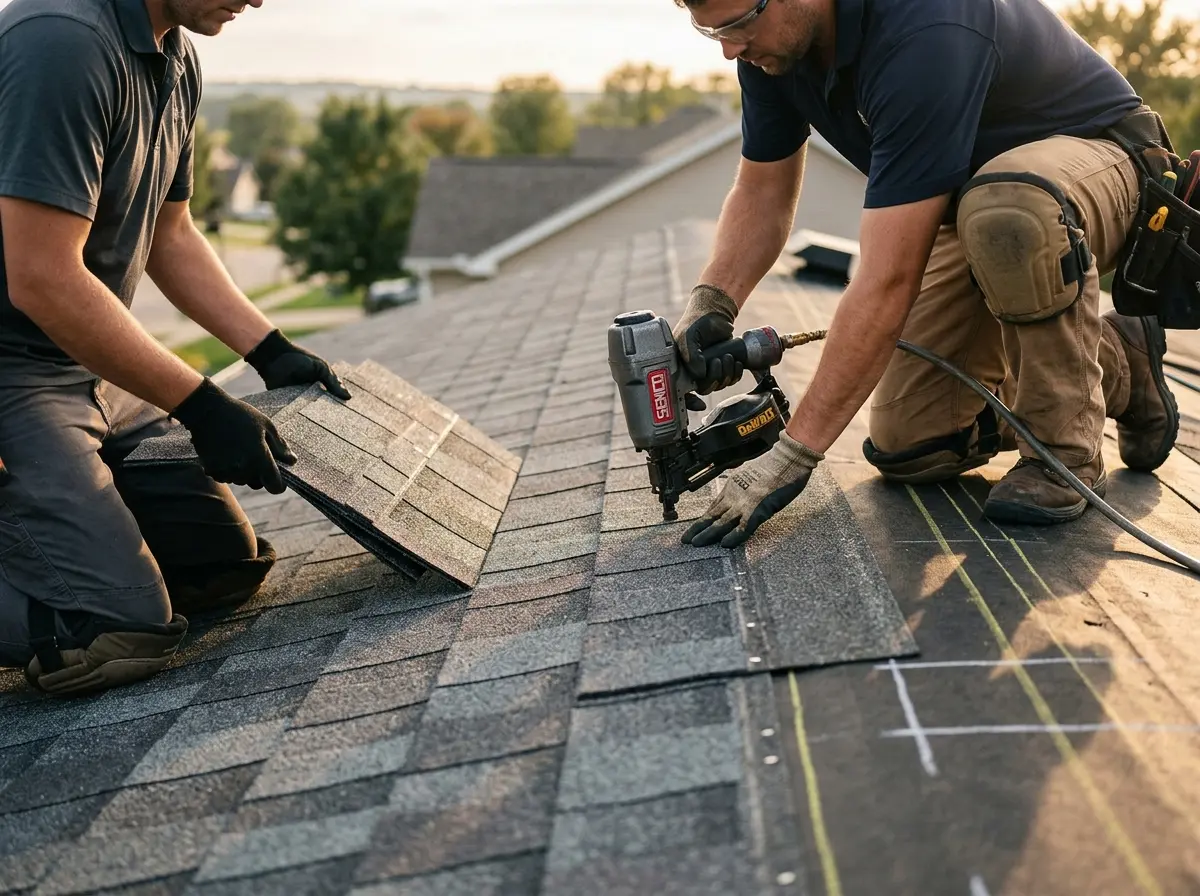 Professional roofer working on a residential roof in North Lakes